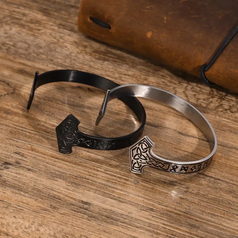 Vintage Thor Hammer Open Cuff Steel Bracelet