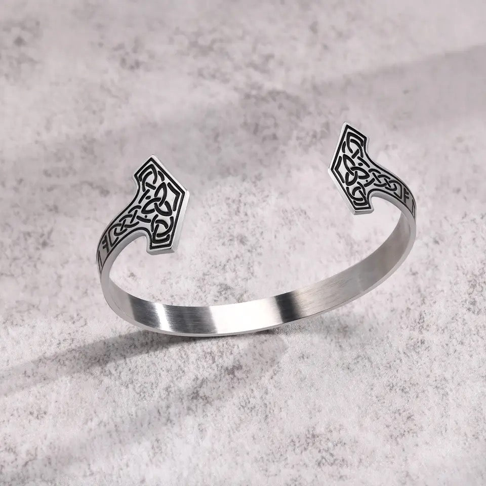 Vintage Thor Hammer Open Cuff Steel Bracelet