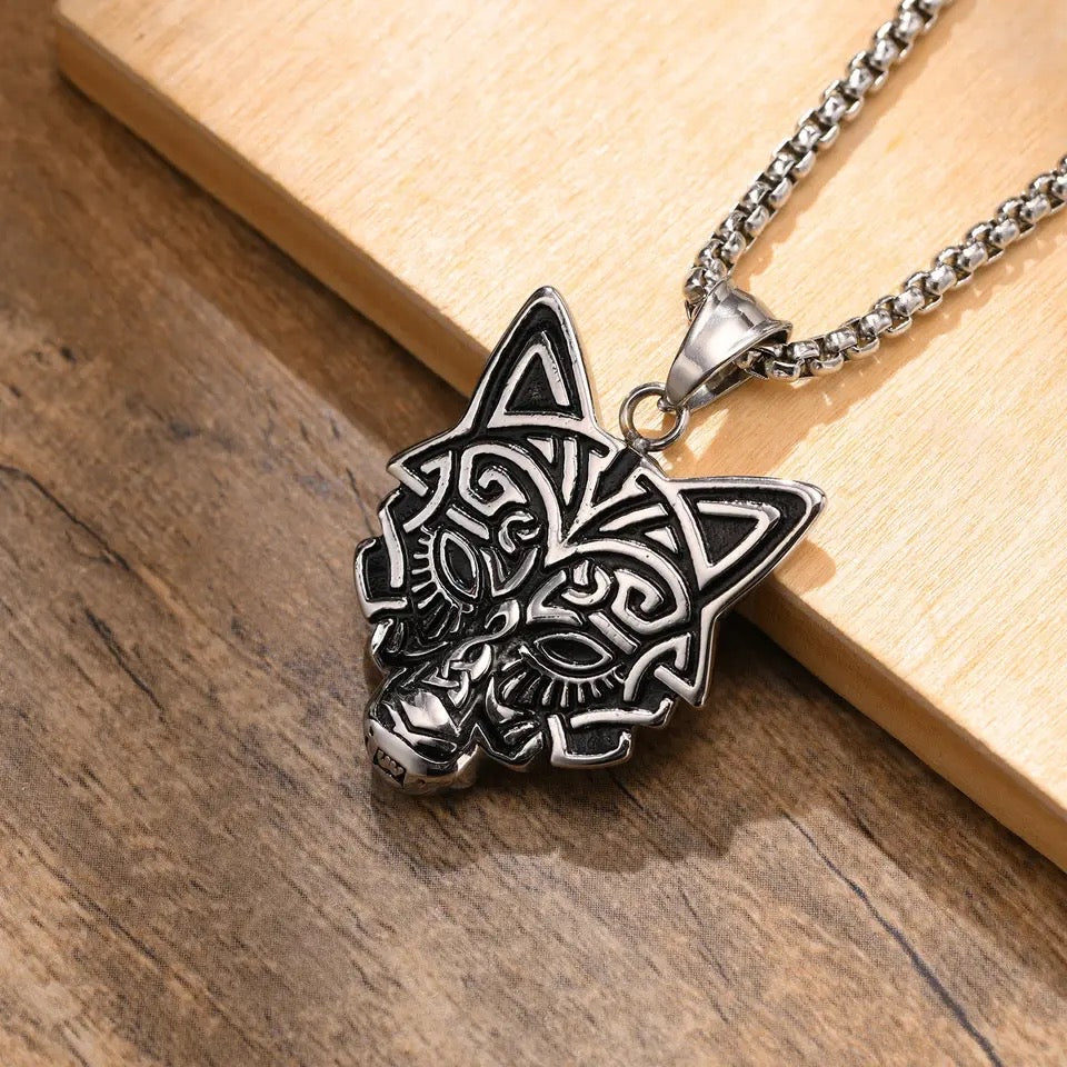 Viking Wolf Head Pendant Necklace