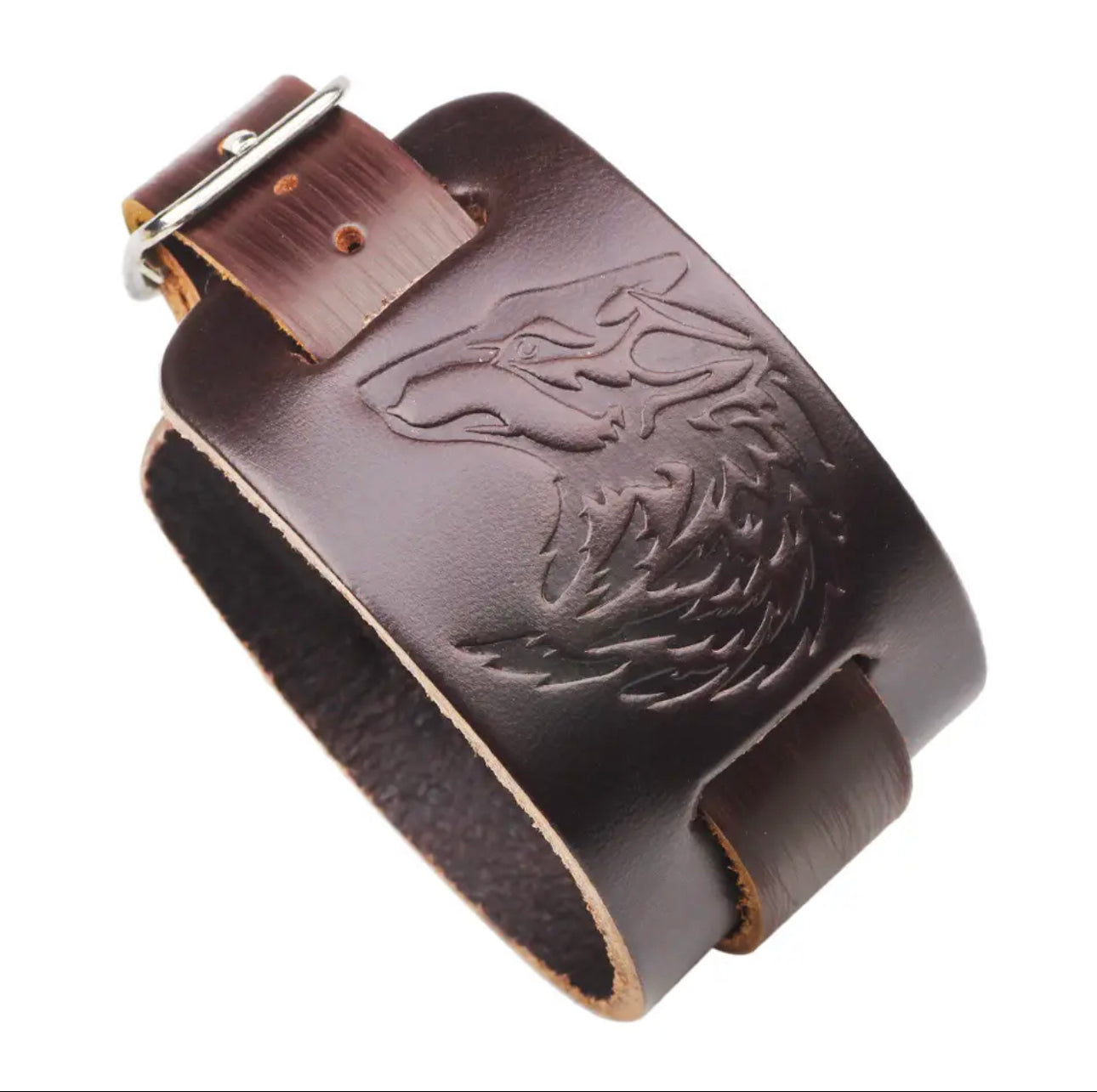 Wolf Design Wide Leather Bracelet