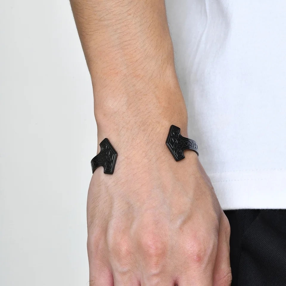 Vintage Thor Hammer Open Cuff Steel Bracelet