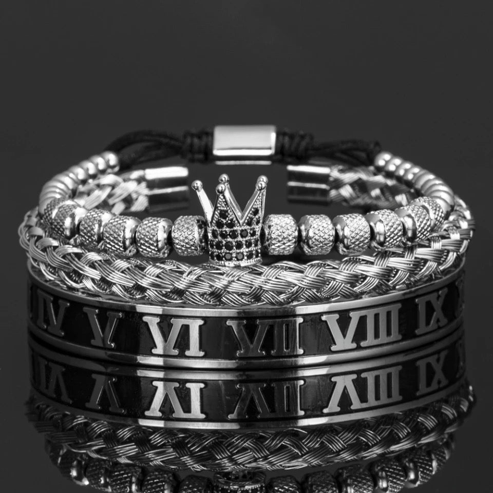 3pc Luxury Handmade Enamel Roman Numeral Bangle, Stainless Steel Cuff, Micro Pave CZ Crown Macramé Bracelets