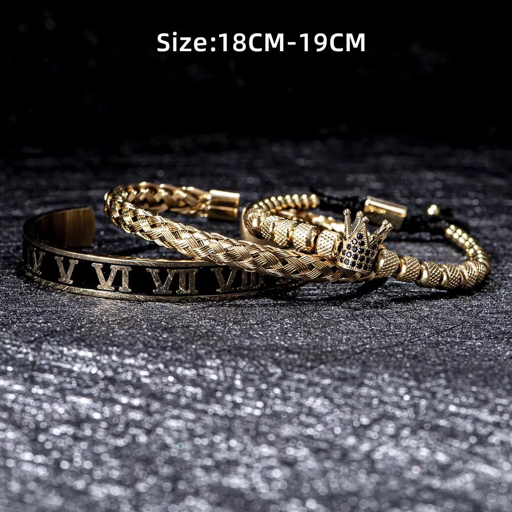 3pc Luxury Handmade Enamel Roman Numeral Bangle, Stainless Steel Cuff, Micro Pave CZ Crown Macramé Bracelets
