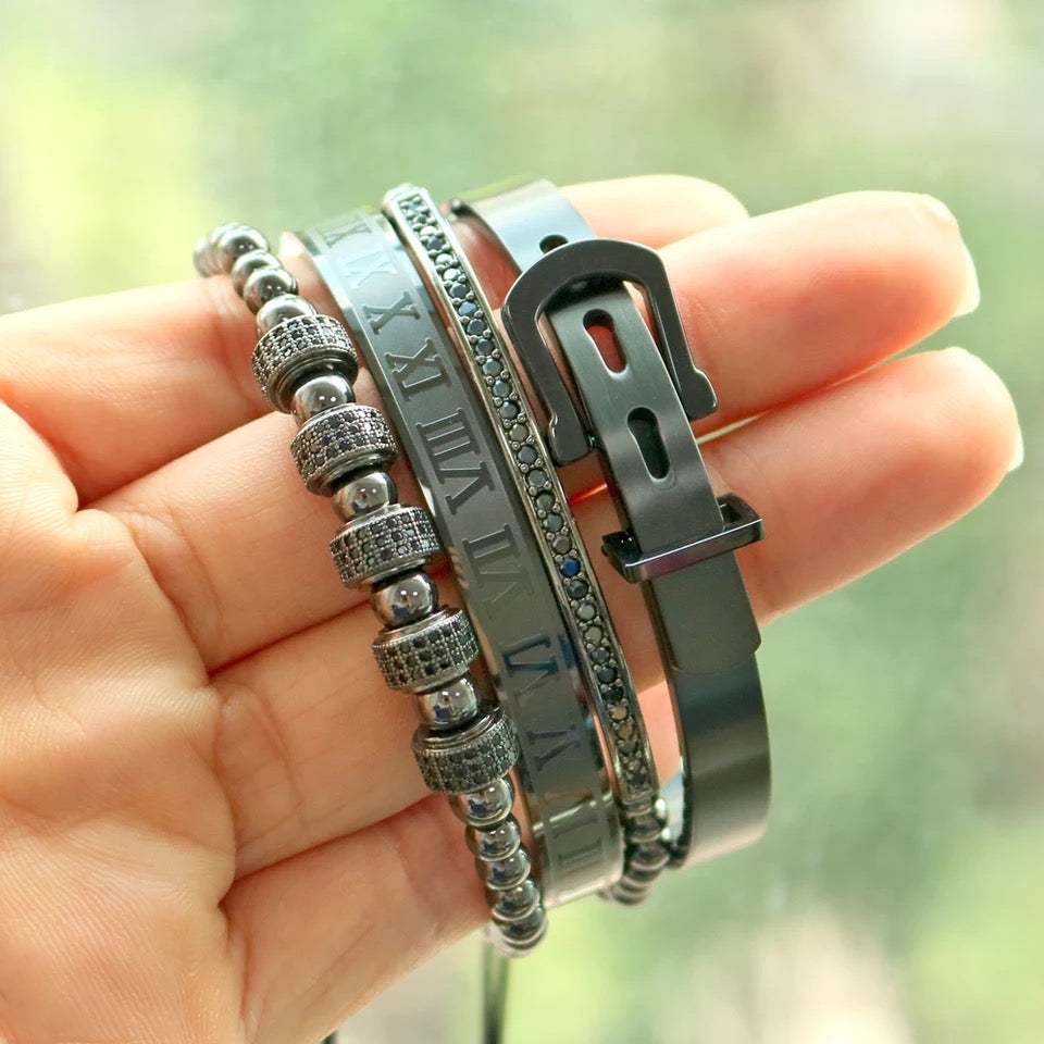 2shup 4pcs/Set Steel Roman Numeral, Horseshoe Buckle, CZ Beads Bracelets
