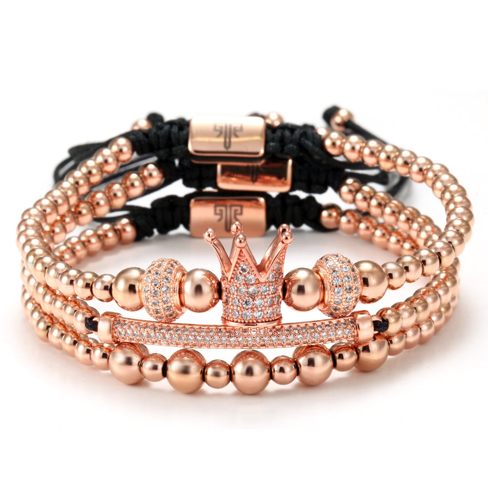 2shup 3pc Set Luxury CZ Crown Charm Beads Bracelets