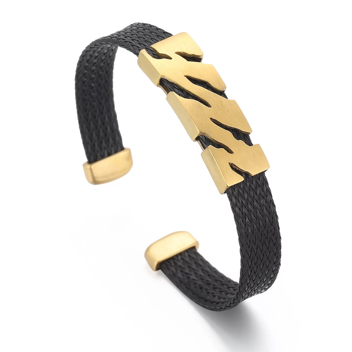 Tiger Stripes Steel and Woven Leather Cuff Bracelets