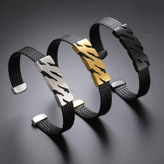 Tiger Stripes Steel and Woven Leather Cuff Bracelets