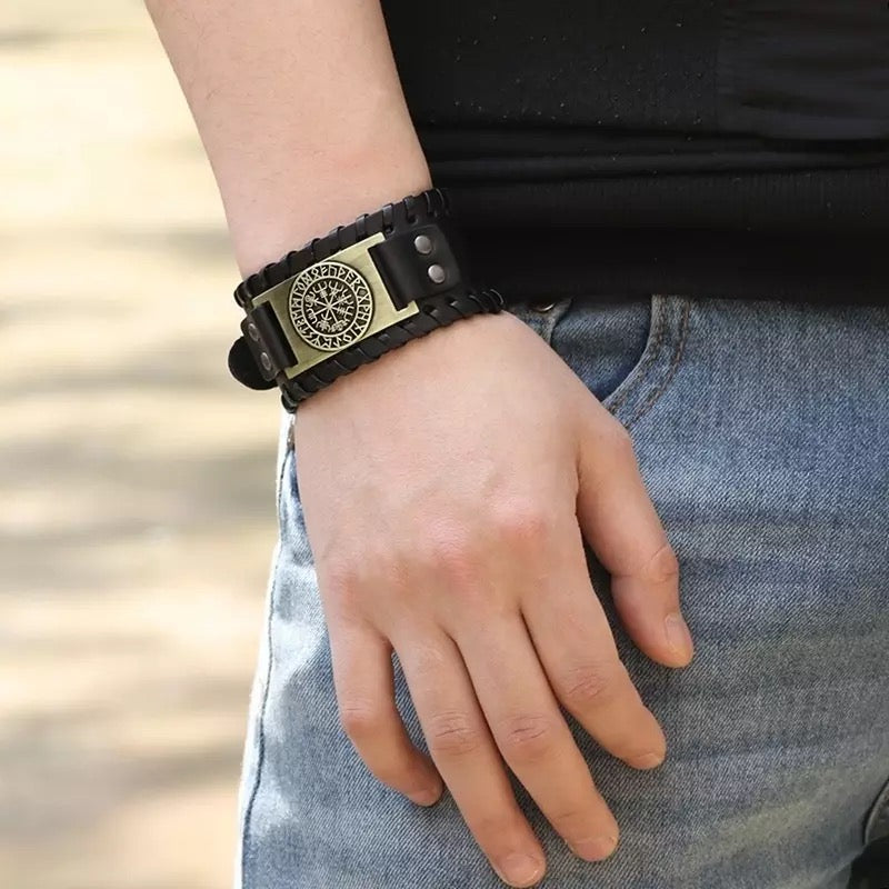 Vikings Compass Rune Leather Bracelet