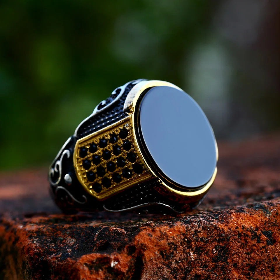 Vintage Zircon Stones Steel Ring for Men