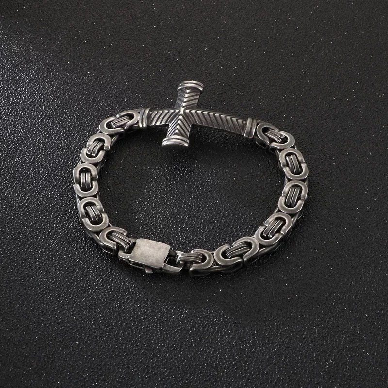 Vintage Steel Flat Byzantine Chain Cross Bracelet