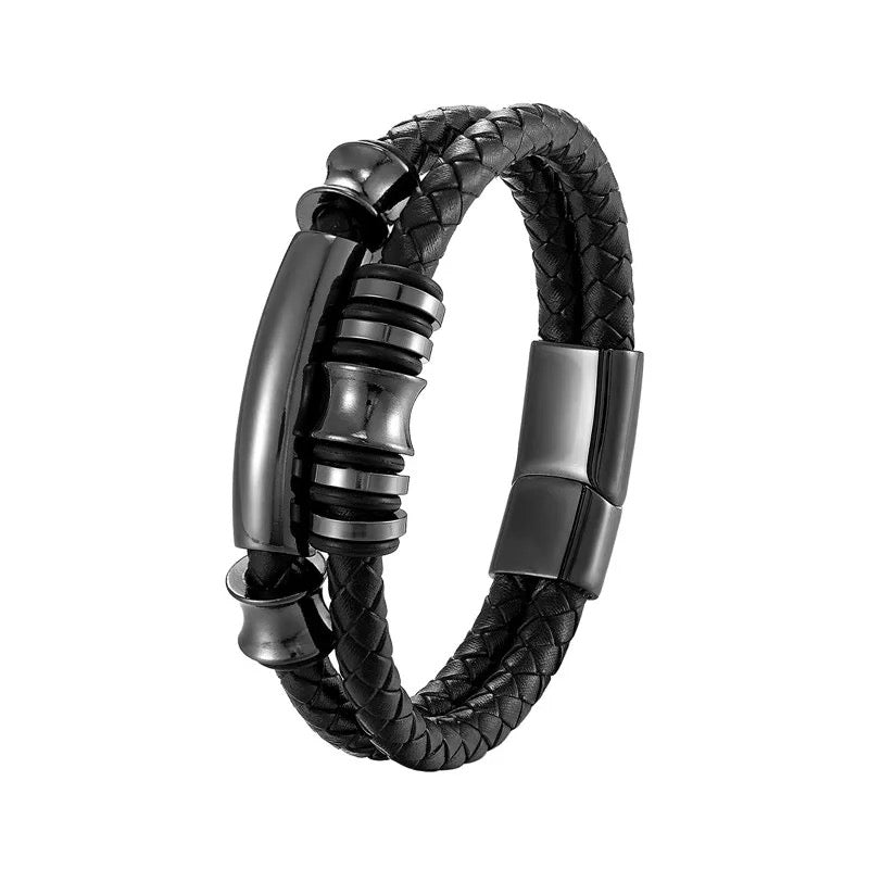 Wheel Beads Stainless Steel Double Leather Bracelet