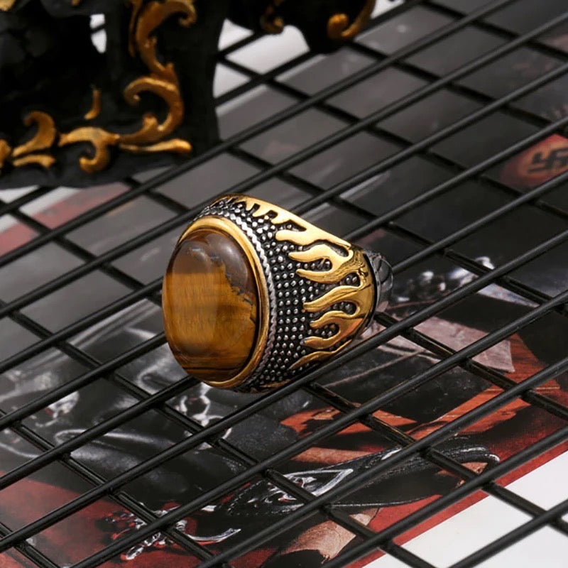 Vintage Flames Tiger-eye Stone Steel Ring for Men