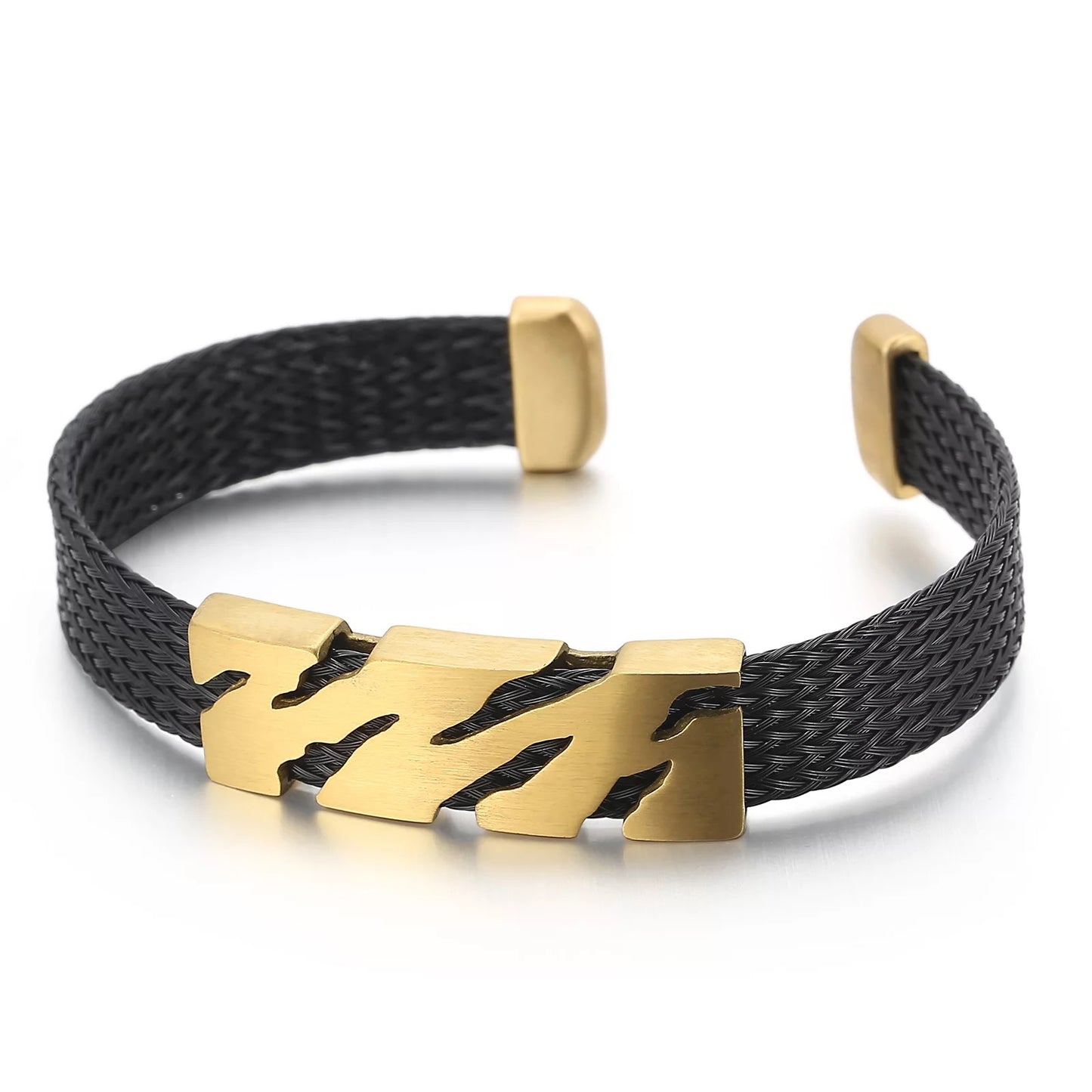 Tiger Stripes Steel and Woven Leather Cuff Bracelets