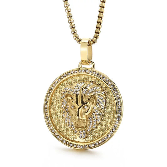 Golden Lion Head Zircon Pendant Chain Necklace