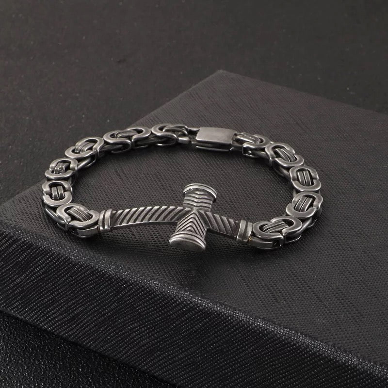 Vintage Steel Flat Byzantine Chain Cross Bracelet