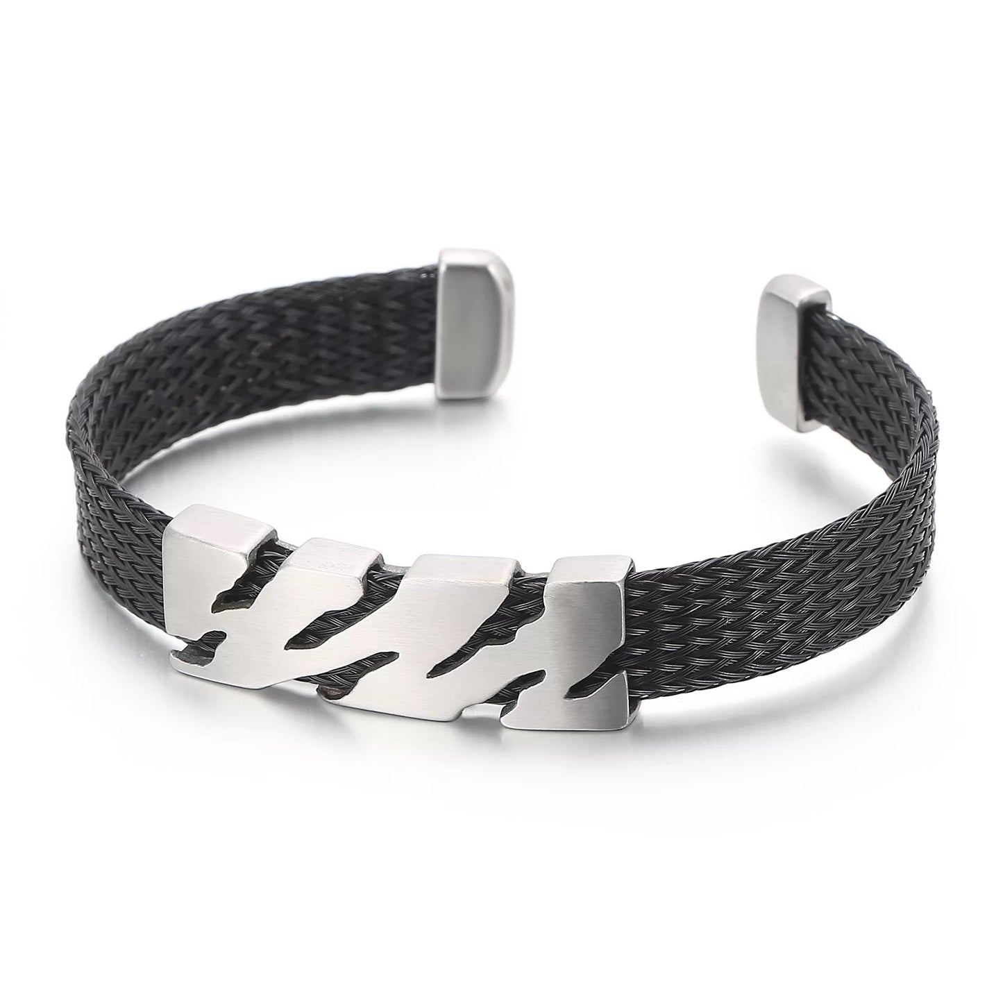 Tiger Stripes Steel and Woven Leather Cuff Bracelets