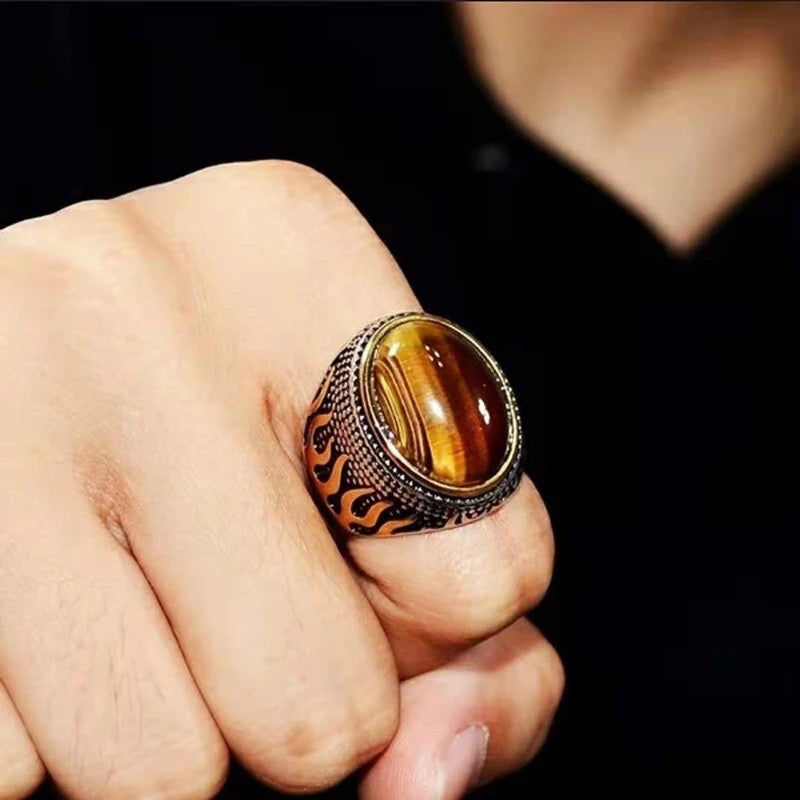 Vintage Flames Tiger-eye Stone Steel Ring for Men