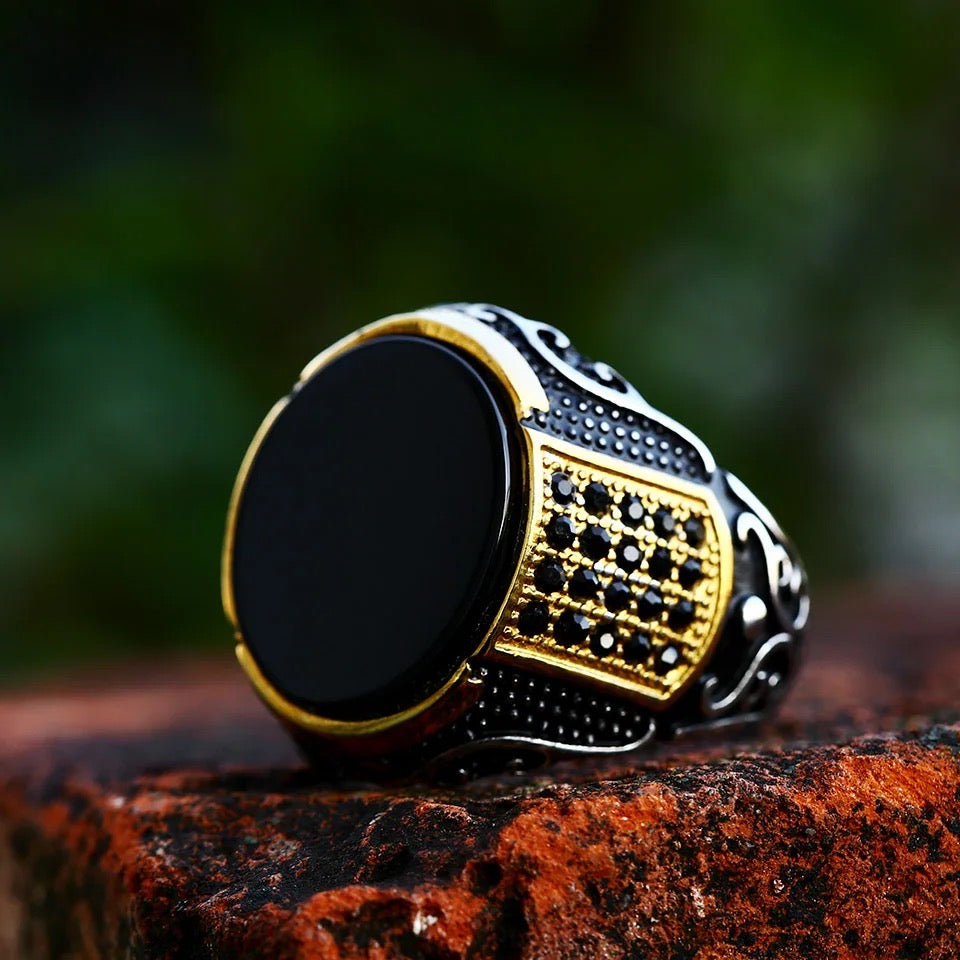 Vintage Zircon Stones Steel Ring for Men