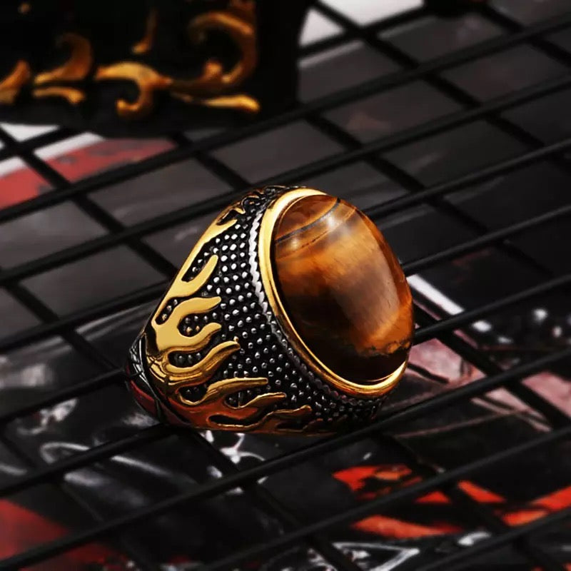 Vintage Flames Tiger-eye Stone Steel Ring for Men