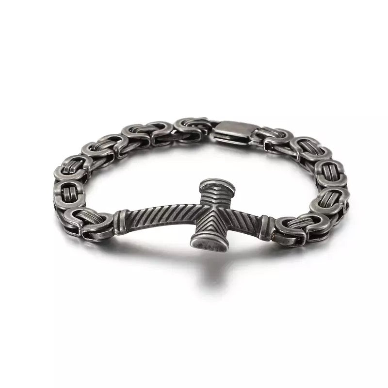 Vintage Steel Flat Byzantine Chain Cross Bracelet