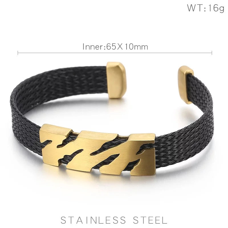 Tiger Stripes Steel and Woven Leather Cuff Bracelets