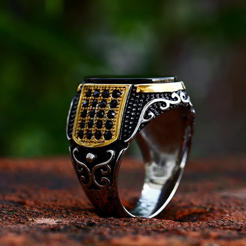 Vintage Zircon Stones Steel Ring for Men