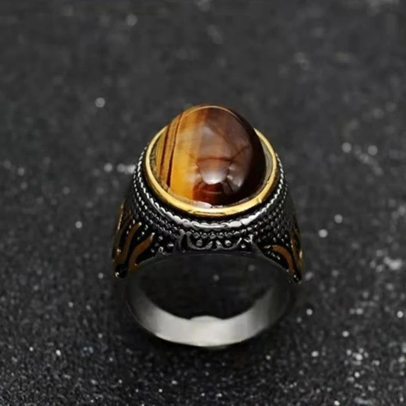 Vintage Flames Tiger-eye Stone Steel Ring for Men