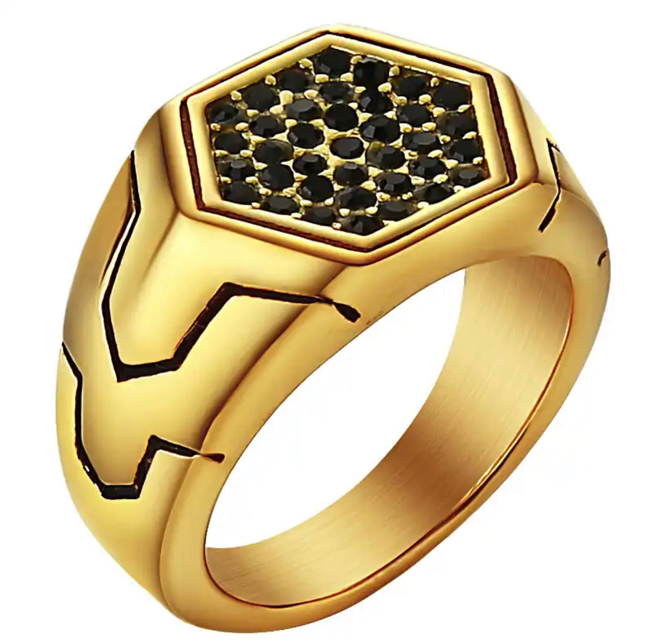 Black Crystals Hexagonal Signet Steel Ring