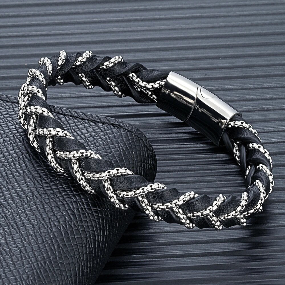 Box Chain Braided Leather and Steel Bracelet