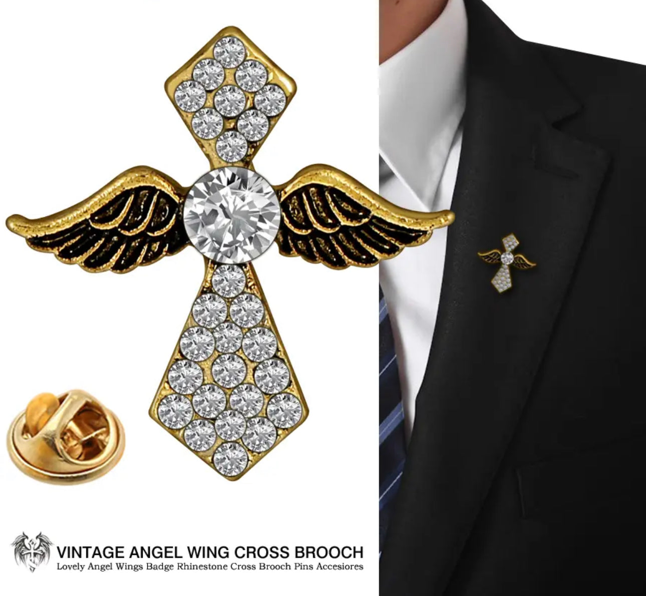 Crystal Wings Cross Brooch