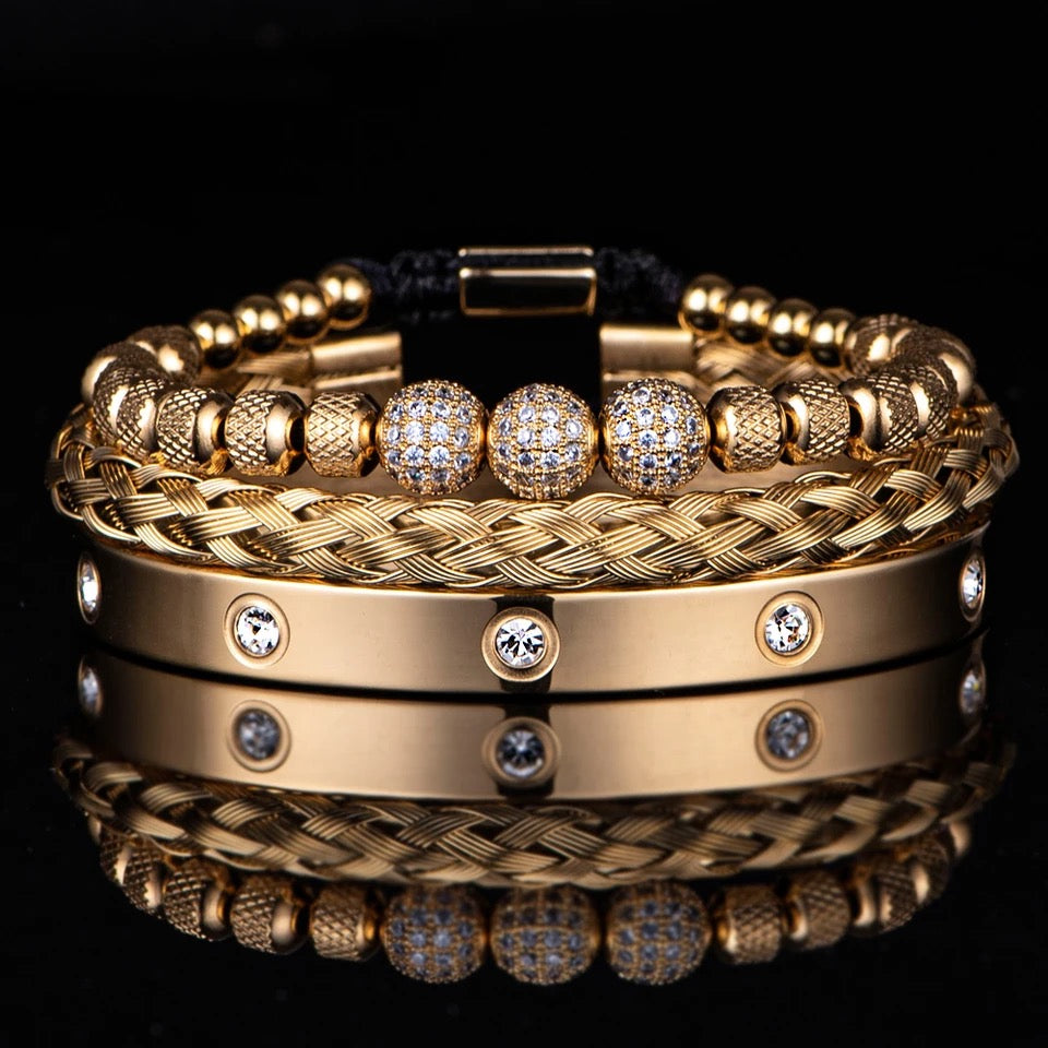 3pc Set Micro Pave CZ Round Beads Bracelets