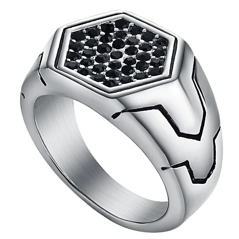 Black Crystals Hexagonal Signet Steel Ring