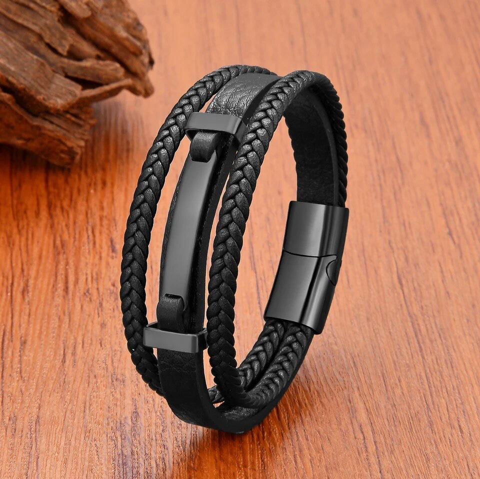 Plain Bar Braided Multi-strap Leather Bracelet