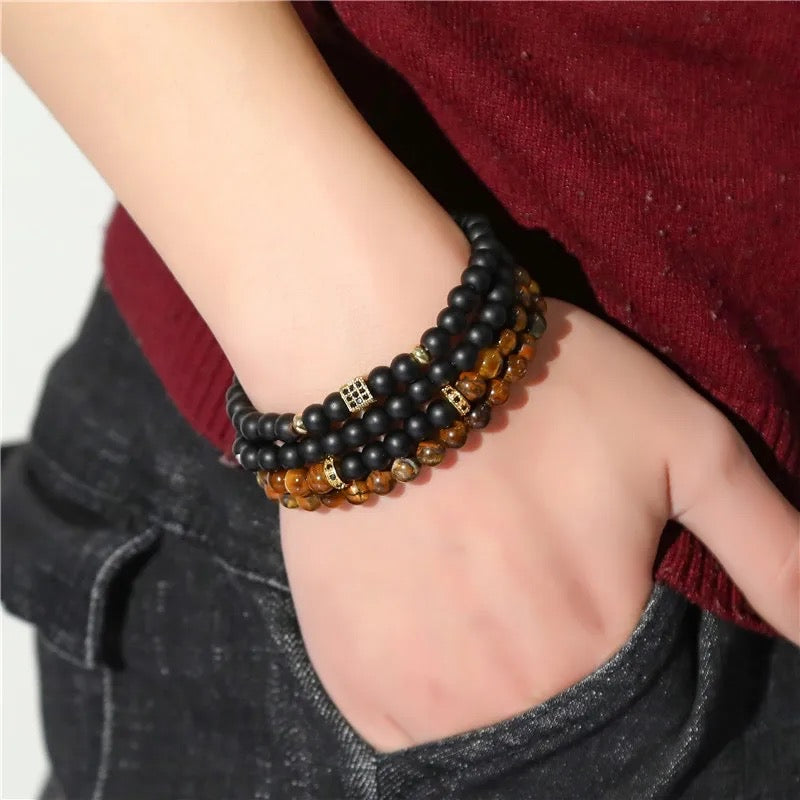 4Pcs/set Fashion Tigereye CZ Natural Stones Beads Bracelet