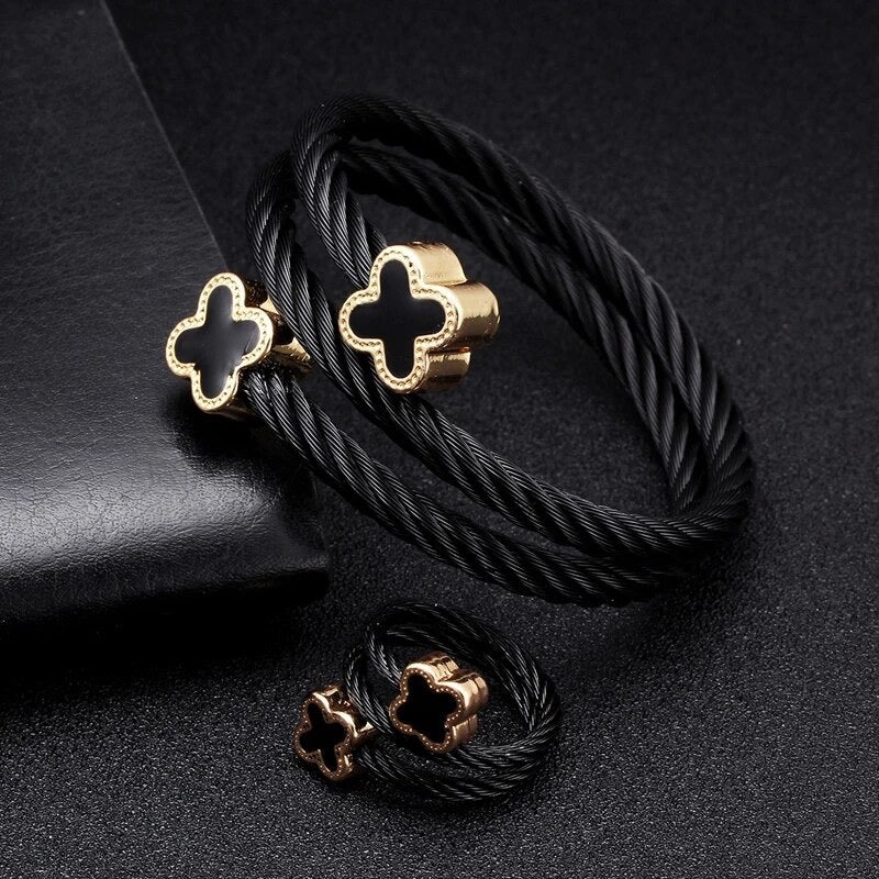 Clover Shaped Black and Gold Twisted Cable Bracelet and Ring Set