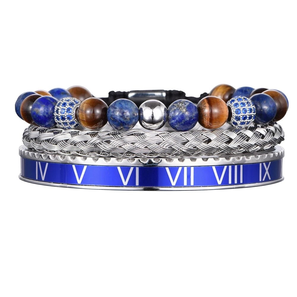 3pc Luxury Set Roman Numeral Natural Stone Charm Beads Bracelet