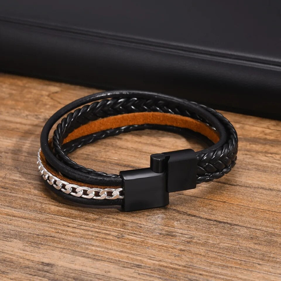 Chain Braided Multi-strap Leather Bracelet