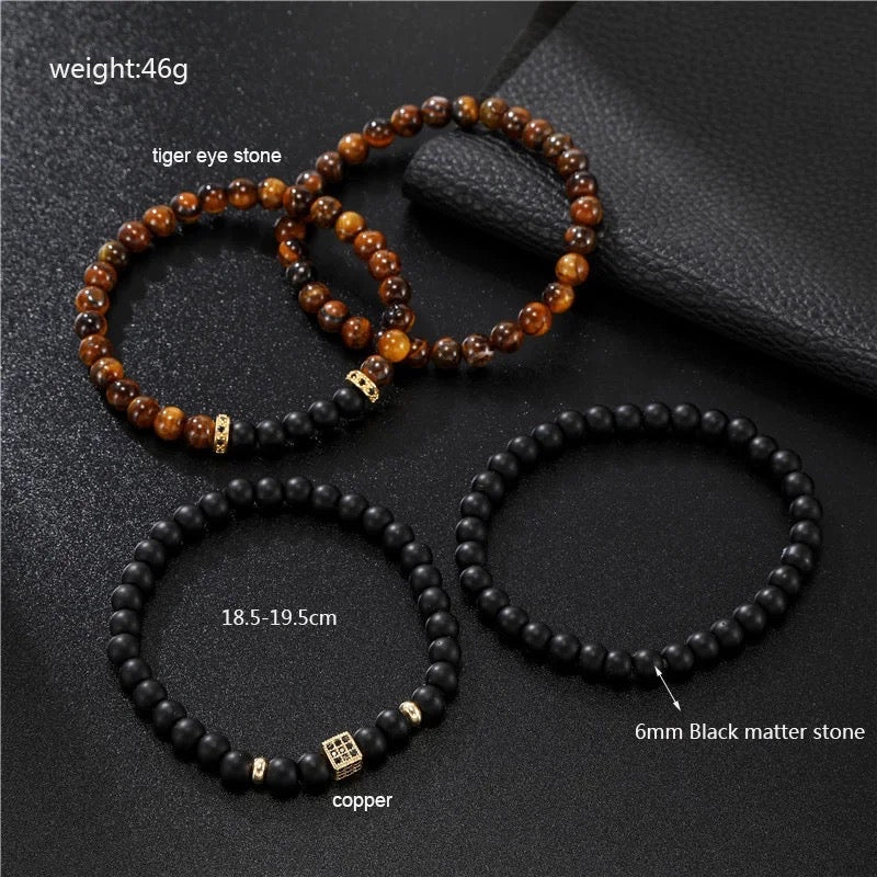 4Pcs/set Fashion Tigereye CZ Natural Stones Beads Bracelet