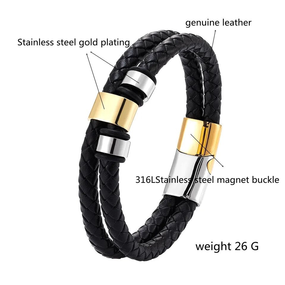 Simple Dual-Strap Leather and Steel Bracelet