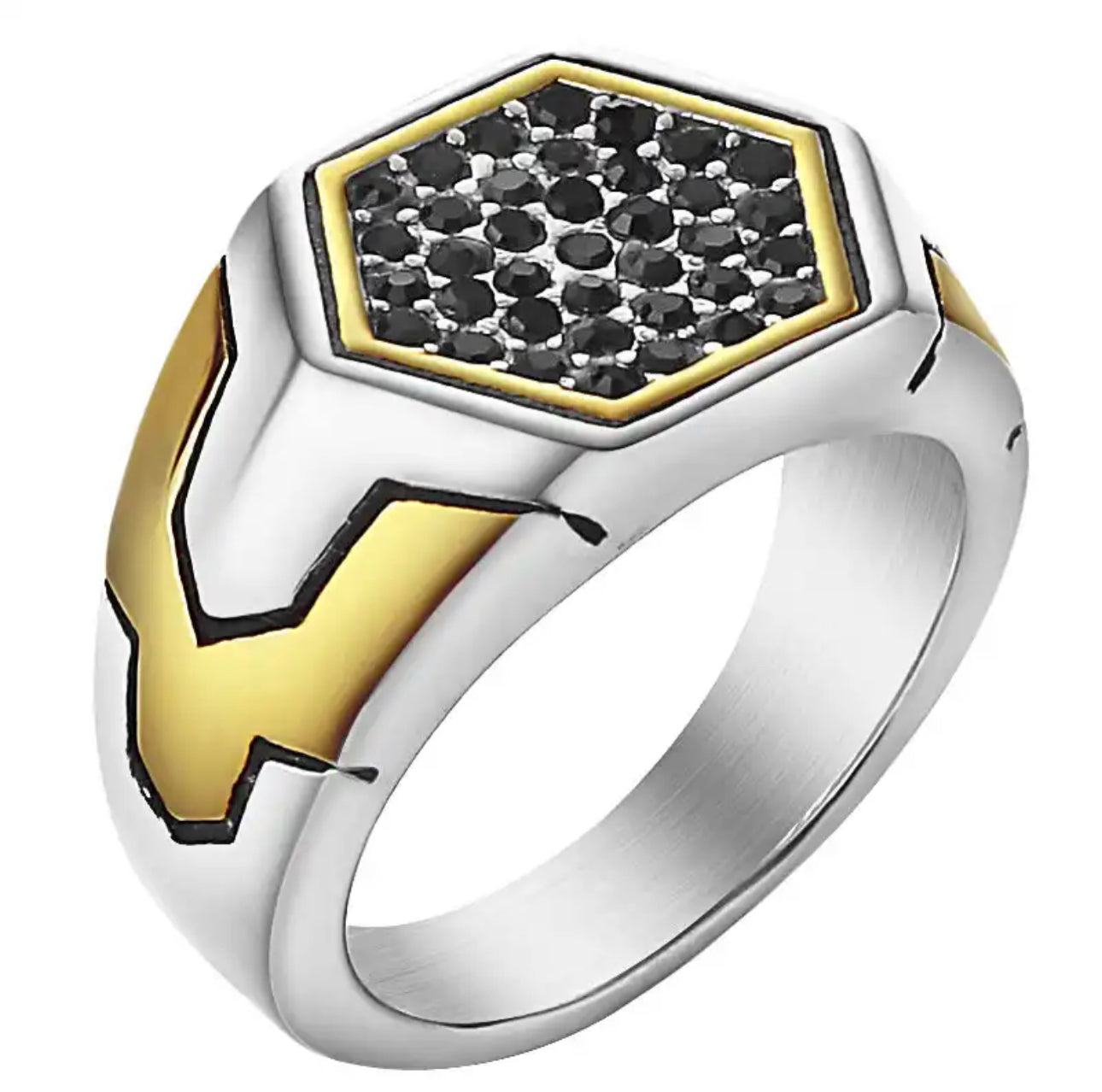 Black Crystals Hexagonal Signet Steel Ring