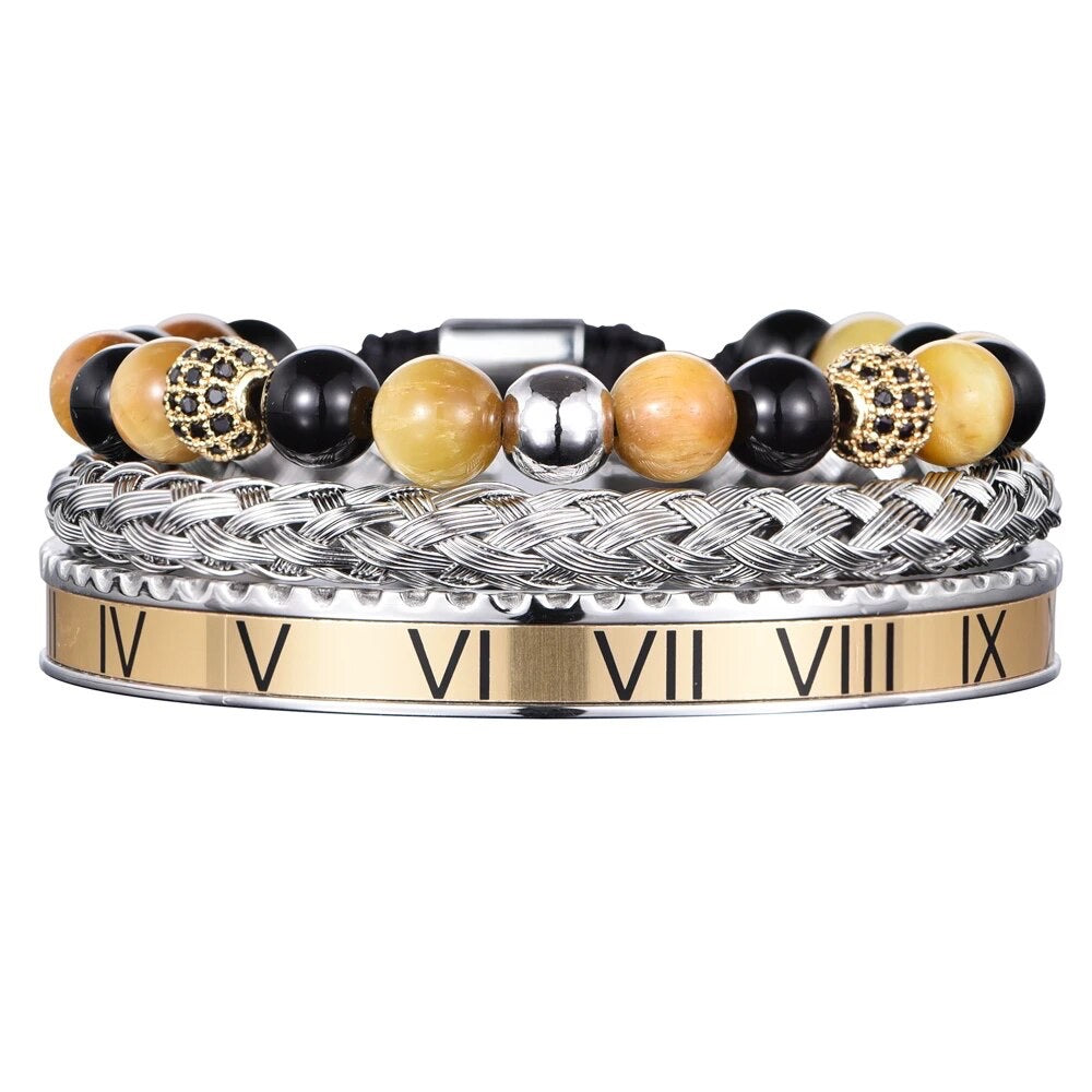 3pc Luxury Set Roman Numeral Natural Stone Charm Beads Bracelet