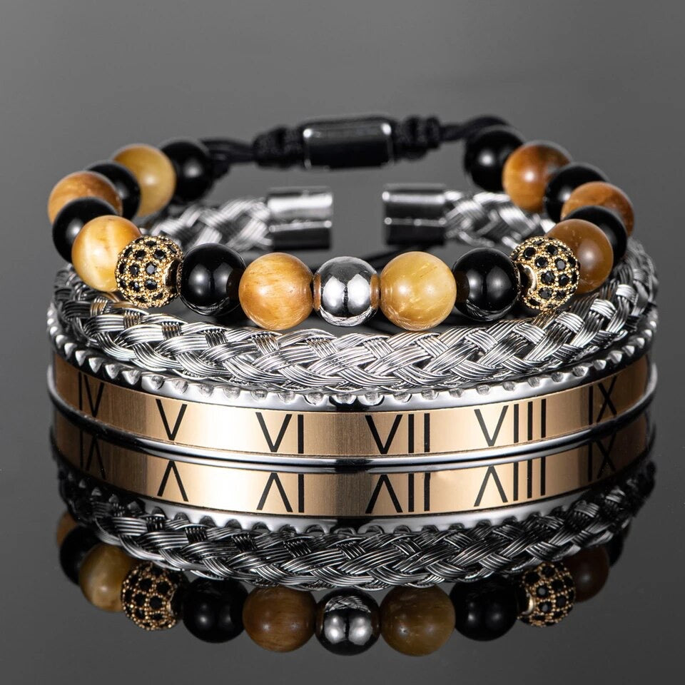 3pc Luxury Set Roman Numeral Natural Stone Charm Beads Bracelet