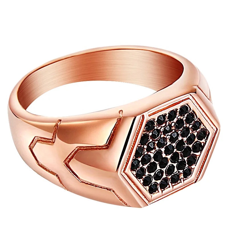 Black Crystals Hexagonal Signet Steel Ring