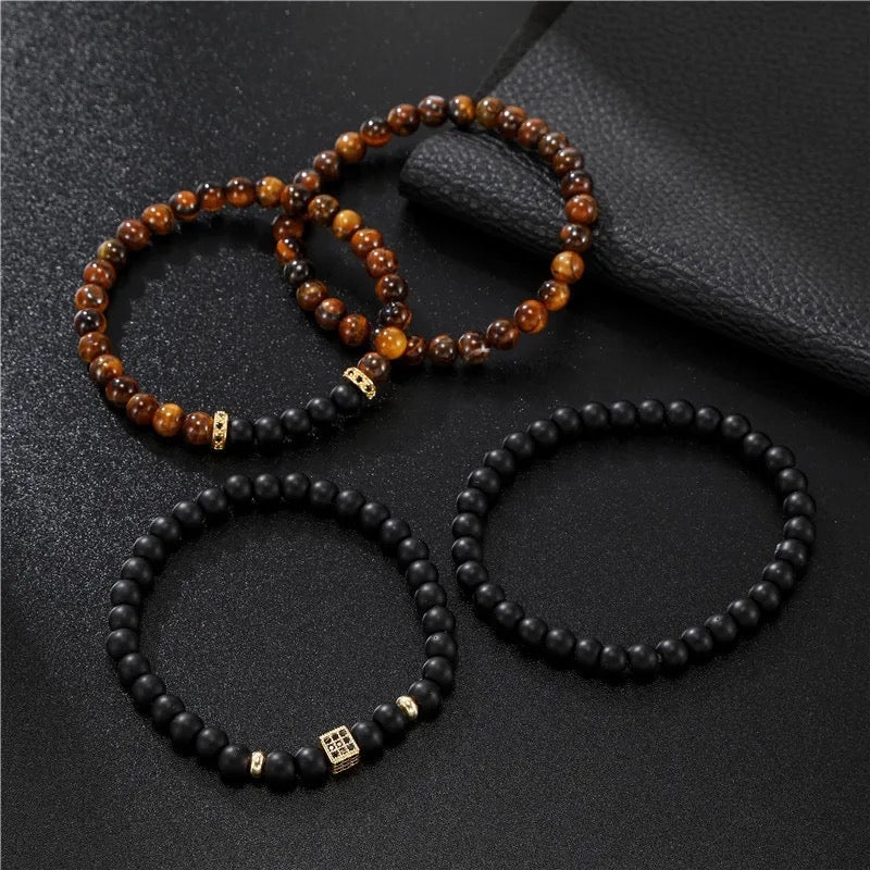 4Pcs/set Fashion Tigereye CZ Natural Stones Beads Bracelet