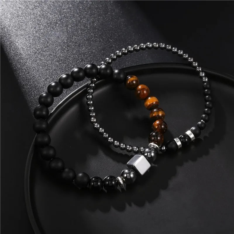 2Pcs/set 8mm Black Agate Natural Stones Cube Beaded Bracelet