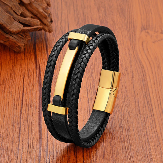 Plain Bar Braided Multi-strap Leather Bracelet