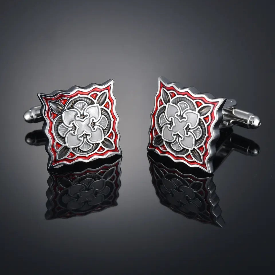 Red Retro Pattern Square Cufflinks