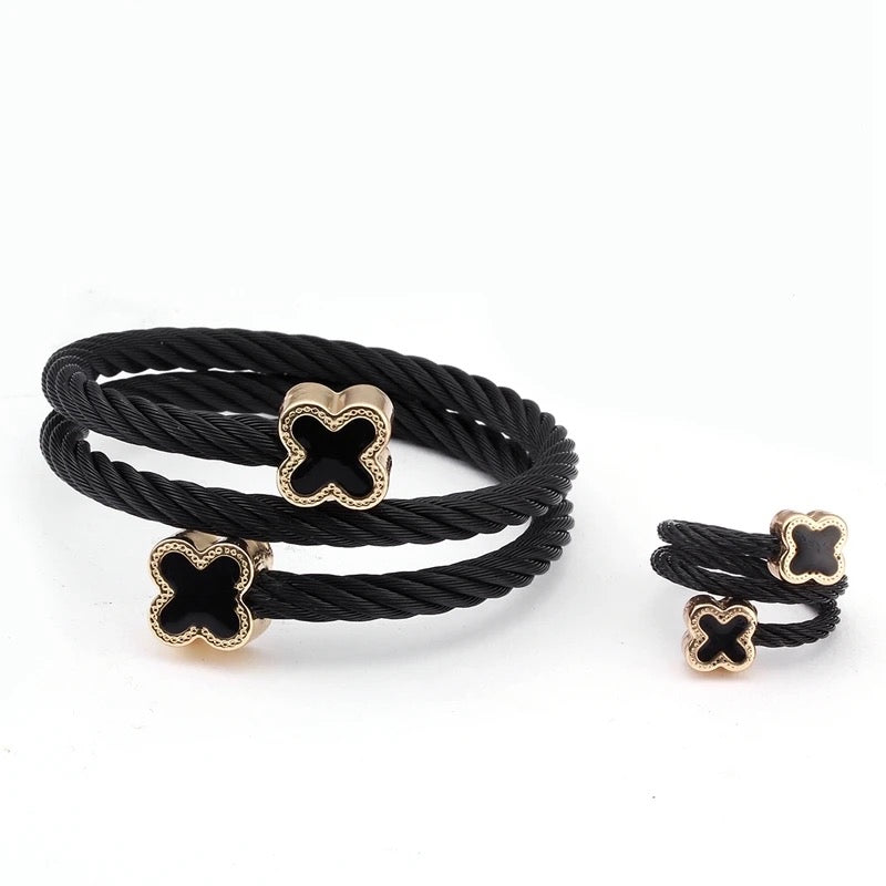 Clover Shaped Black and Gold Twisted Cable Bracelet and Ring Set