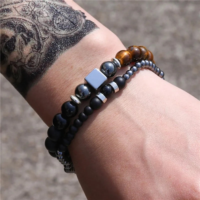 2Pcs/set 8mm Black Agate Natural Stones Cube Beaded Bracelet