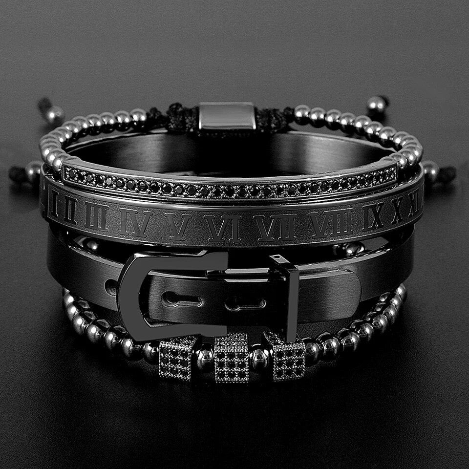 4pcs/Set Steel Roman Numeral, Horseshoe Buckle, CZ Beads Bracelets